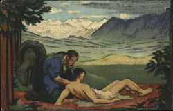 Man Helping Another Man Near Mountains - Red Cross Switzerland Postcard Postcard