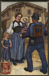 Soldier Greeting Woman with Two Children Military Postcard Postcard