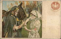 Nurse in White Bandaging Injured Soldier's Arm Outdoors Postcard