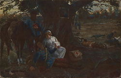 Nurse in White Tending to Injured Soldier Beneath Tree Postcard