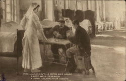 Nurse Standing Near Two Soldiers Playing Cards Military Postcard Postcard