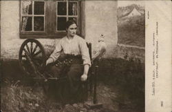 Young Woman Seated at Spinning Wheel Outdoors Women Postcard Postcard