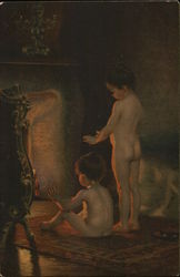 Two Nude Children Warming Themselves Near Fireplace Postcard Postcard