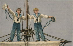 Two Sailor Boys Standing on Mast Waving Hats Postcard