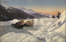 Men on Moving Sled, Mountains in Background Postcard Postcard