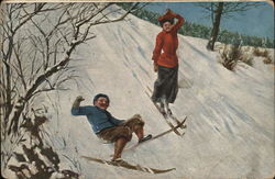 Man and Woman Skiing Down Hill, Man has Fallen Postcard Postcard