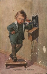 Young Child Standing on Stool Using Telephone Postcard