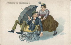 A cartoon of a woman pushing a man, holding an umbrella, in a baby carriage. Postcard