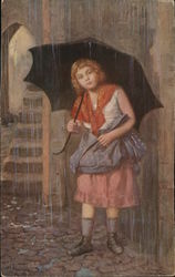 Young Girl Holds An Umbrella In Pouring Rain Postcard