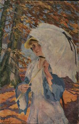 Woman Carrying White Parasol Near Autumn Trees Women Postcard Postcard Postcard