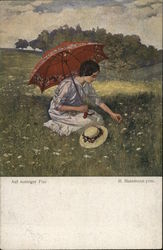 Woman with Parasol in Field Picking Flower Women Postcard Postcard