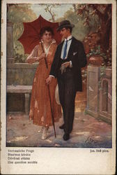 Suited Man in Cane Walking with Woman Carrying Parasol Postcard