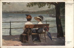 Two Ladies on Bench Near Water's Edge Postcard