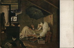 Man Laying in Bed Beneath House Eave with Umbrella Above Men Postcard Postcard