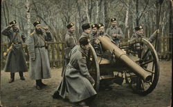 Soldiers Wearing Long Coats at Cannon on Wheels Postcard