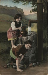 Two Children Posed Near Well with Running Water Postcard Postcard