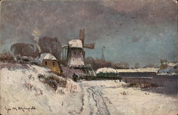 Snow-Covered Countryside with Windmill Near Water Postcard