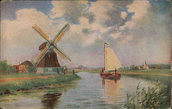 Boat Sails Along Canal Beside Windmill Windmills Postcard Postcard