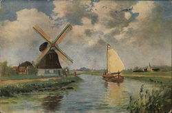 Windmill Near Water and Sailboat Postcard