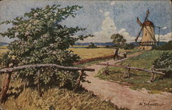 Rural Road Leading to Windmill, Man Pushing Cart in Distance Postcard