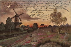 Windmill Near Road, People Walking in Distance Postcard