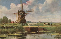 Windmill Near Water, Man Walking with Cow Postcard