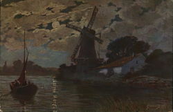 Windmill and boat at night Postcard