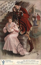 Man Leaning Against Railing Above Seated Woman Postcard