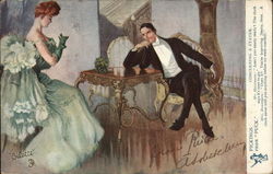 Man in Suit Seated Near Woman in Green Gown Romance & Love Postcard Postcard