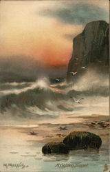 A Golden Sunset - Waves Against Large Rock, Flying Seagulls Postcard