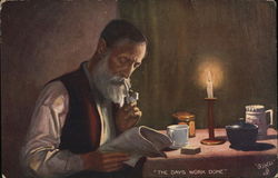 Man Reading Paper, Smoking Pipe, at Candlelit Table Men Postcard Postcard