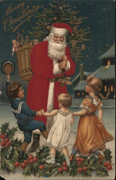 Santa Greets Three Children Who Dance On Holly Boughs Santa Claus