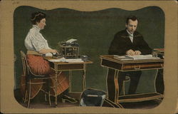 Woman at Typewriter, Man At Desk Postcard