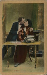 Couple Kissing at Desk with Typewriter Couples Postcard Postcard