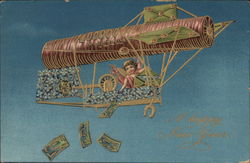 A Happy New Year - Cupid in Airship Dropping Money Postcard