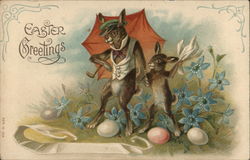 Two Rabbits Dance Among Blue Flowers And Eggs With Bunnies Postcard Postcard