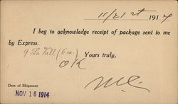 Package Receipt Acknowledgment Nov 1914 Postcard