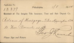 Integrity Title Insurance Trust & Safe Deposit Co. Philadelphia, PA Postal Cards & Correspondence Postcard Postcard