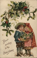 Two Children Below Mistletoe Holding a Basket Postcard Postcard