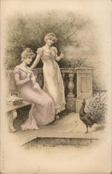 Two Ladies In Long Gowns Gaze At A Peacock Postcard