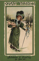 Woman In Green Dress And Bonnet Carries Pink Roses Postcard