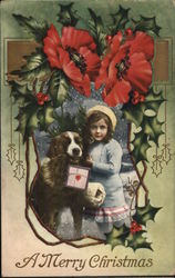 A little girl with her dog holding present in mouth in a frame of holly. Postcard