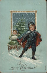 Boy Pulling Girl on Sled, A Merry Christmas Children Postcard Postcard