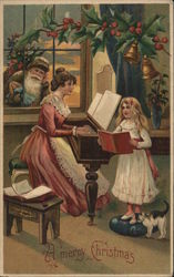 Santa at Windows, Woman and Girl Playing Piano Postcard