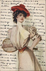 Victorian Women in a Red Beret With Tennis Racket Postcard