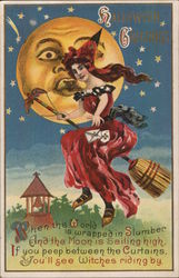 Witch Riding Broomstick Past Animated Moon, Halloween Greetings Postcard