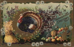 Turkey and Farm Harvest, Thanksgiving Greetings Postcard