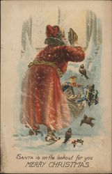 Santa is on the lookout for you, Merry Christmas, Santa Peering Through Window with Toys Santa Claus Postcard Postcard