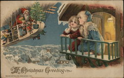 A Christmas Greeting - Santa in Airship Santa Claus Postcard Postcard