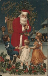 Santa Greets Three Children Who Dance On Holly Boughs Postcard